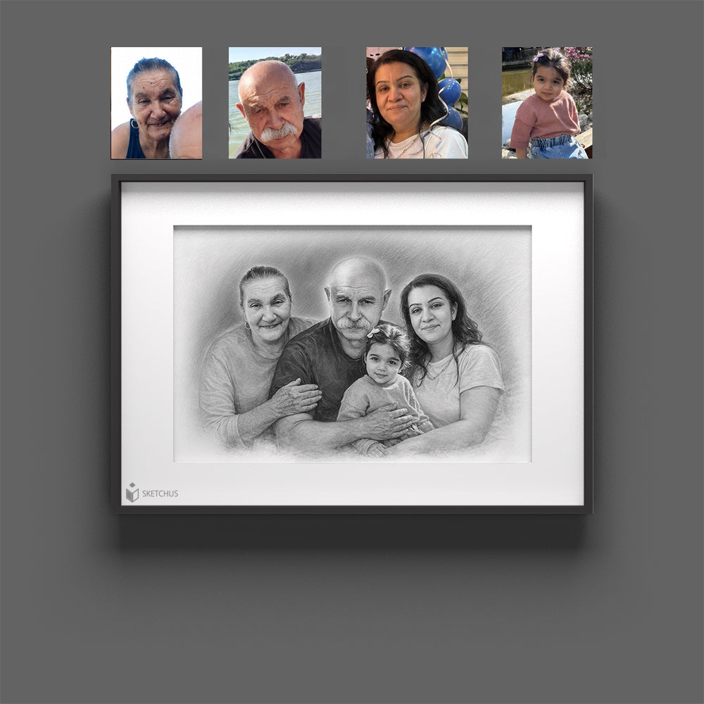 Framed family portrait sketch with four reference photos above it