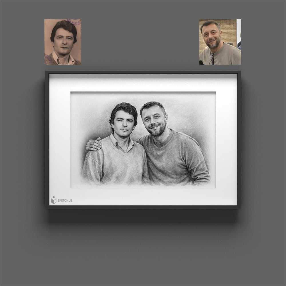 Framed portrait sketch of a couple from two separate photos