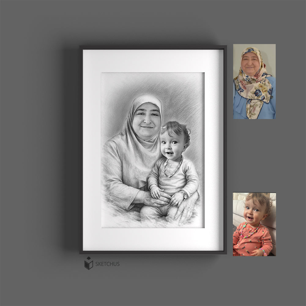 Framed sketch of a mother with her child and two reference photos