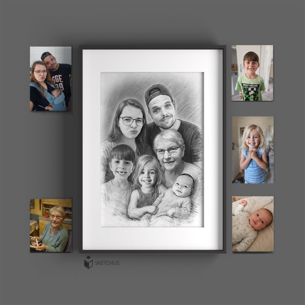 Framed family portrait sketch with individual reference photos