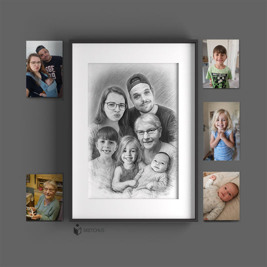 Portrait Skizze mit Kundenfotos als Vorlage für ein handgezeichnetes Bild