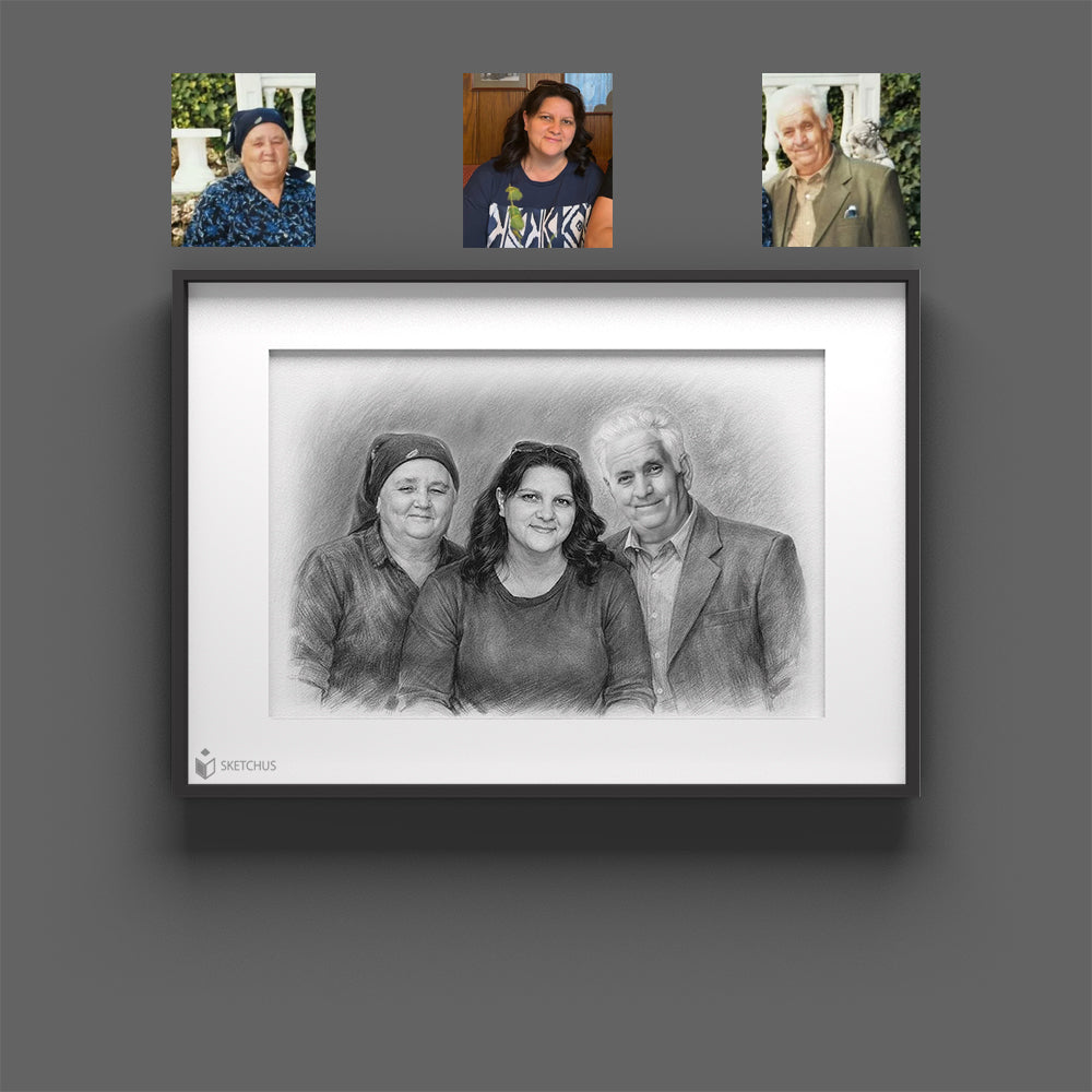 Portrait sketch of three people with their individual reference photos