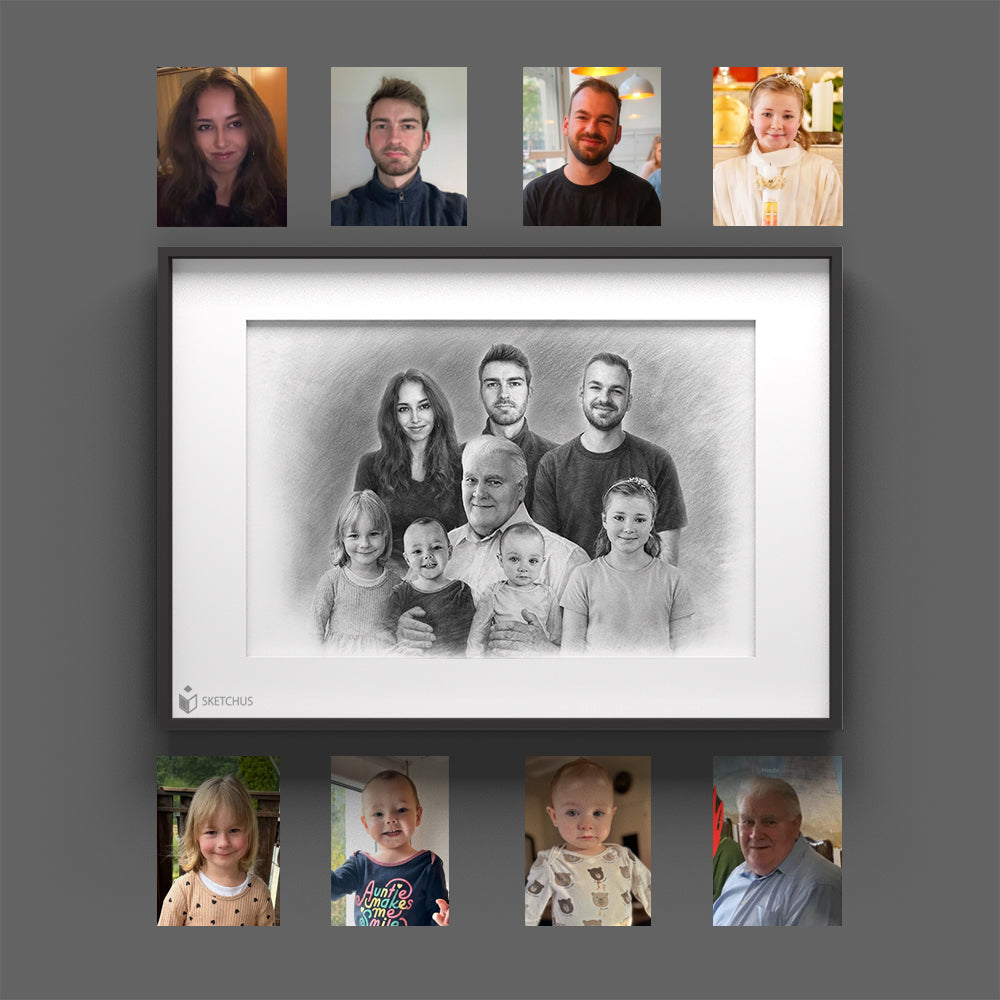 Family portrait sketch from separate photos of adults and children