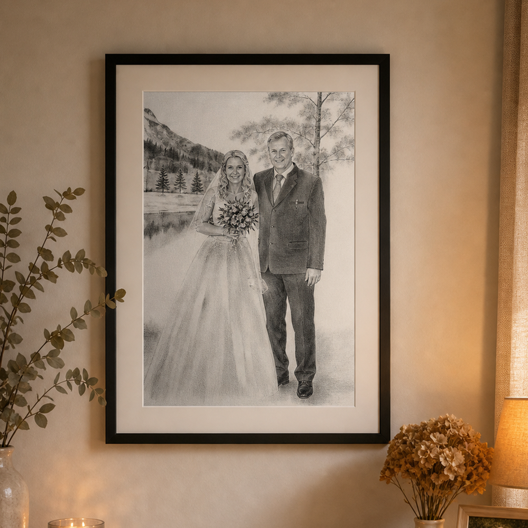 Framed couple portrait displayed on a living room wall