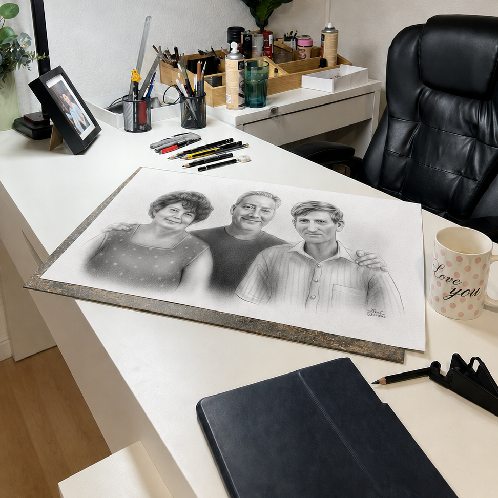 Family portrait drawing on a studio desk beside pencils and artist tools