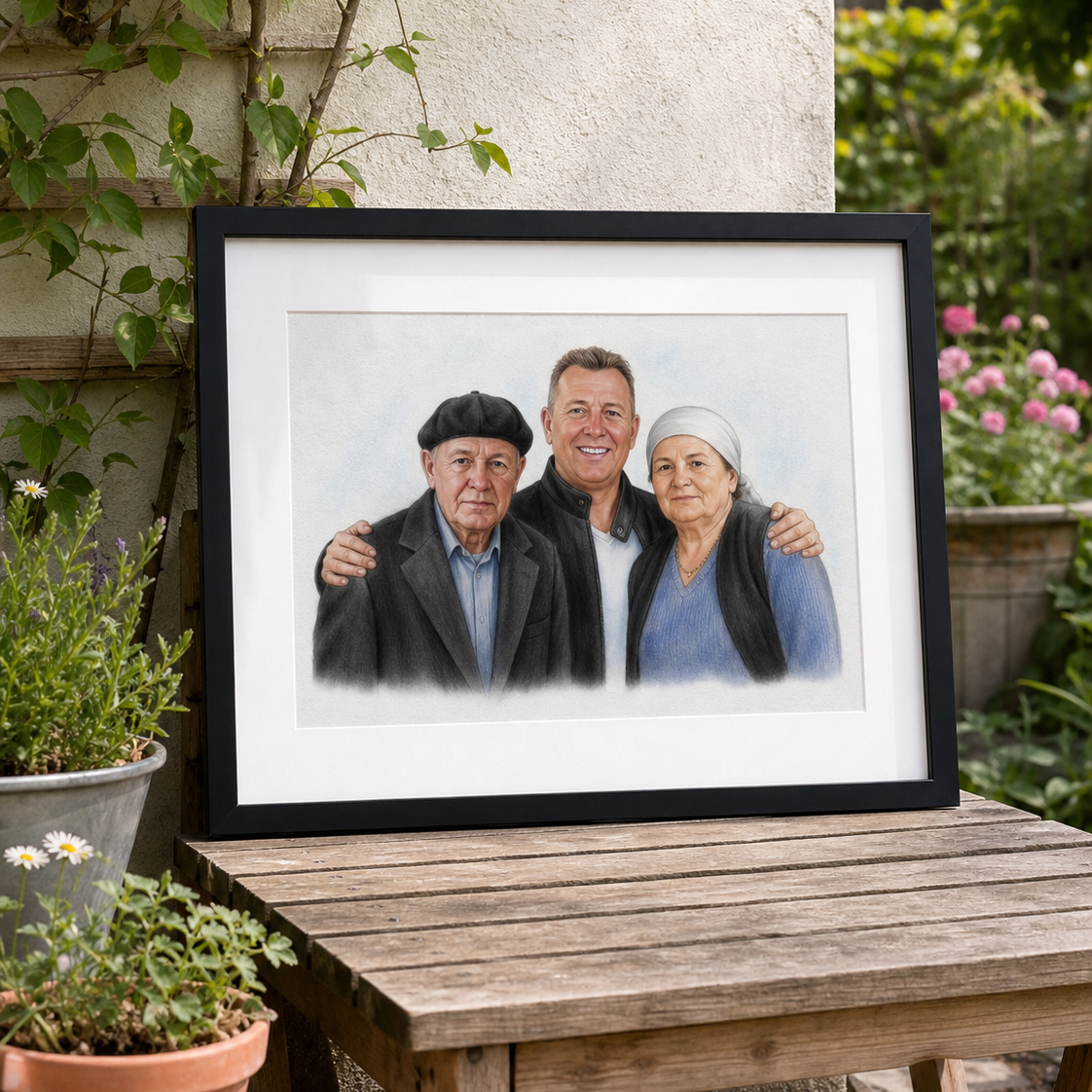 Buntstift Familienportrait im schwarzen Rahmen - Portrait vom Foto zeichnen lassen