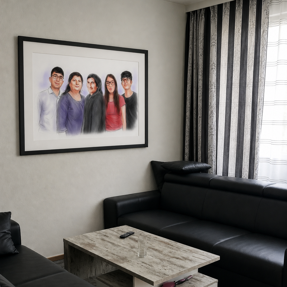 Farbiges Familienportrait vom Foto - handgezeichnetes Geschenk für Eltern