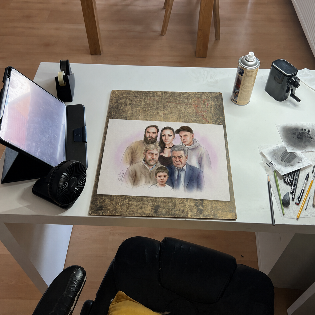 Familienportrait als Buntstiftzeichnung im weißen Rahmen - Geschenkidee