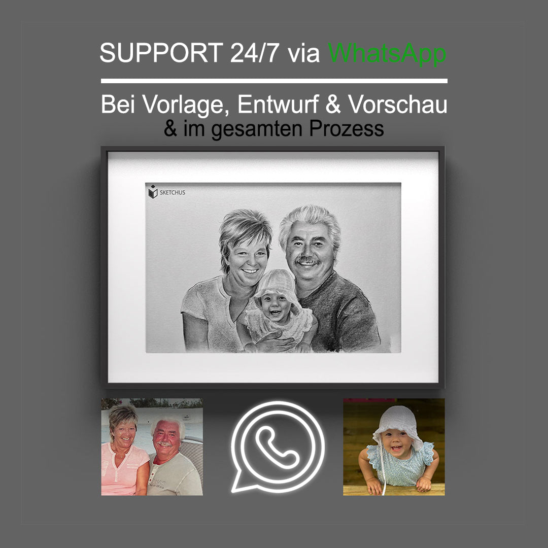 Familienportrait aus mehreren Fotos als Bleistiftzeichnung