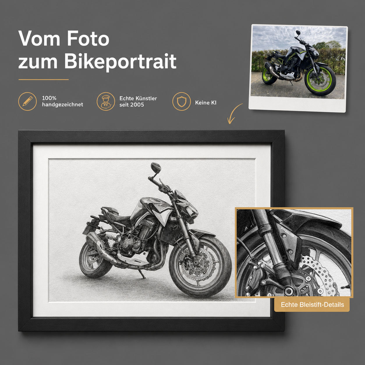 Handgezeichnetes Motorradportrait vom Foto von echten Sketchus Künstlern