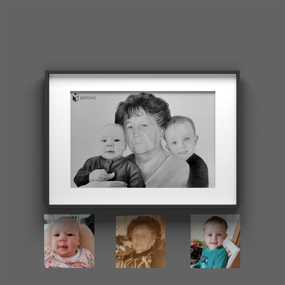 Framed portrait of a person with two young children and three reference photos
