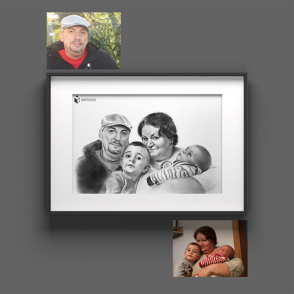Framed family portrait of two adults and a child from two photos