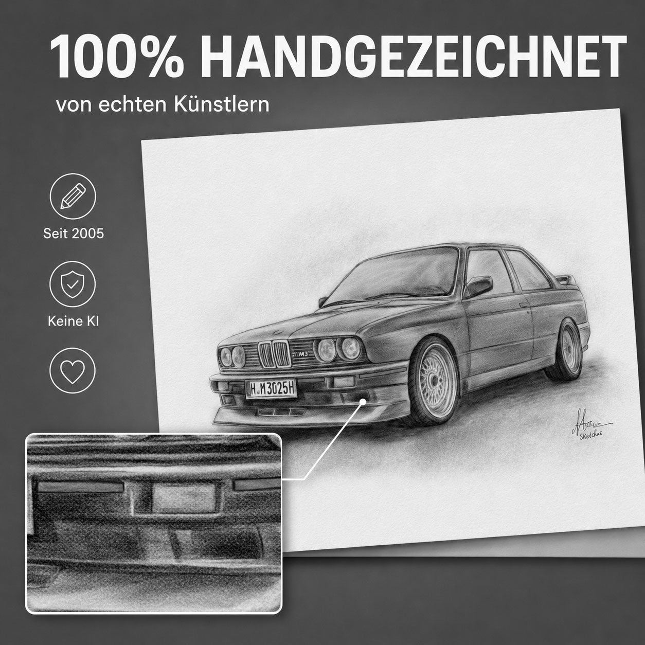 Handgezeichnetes Fahrzeugportrait als Geschenk für Autoliebhaber
