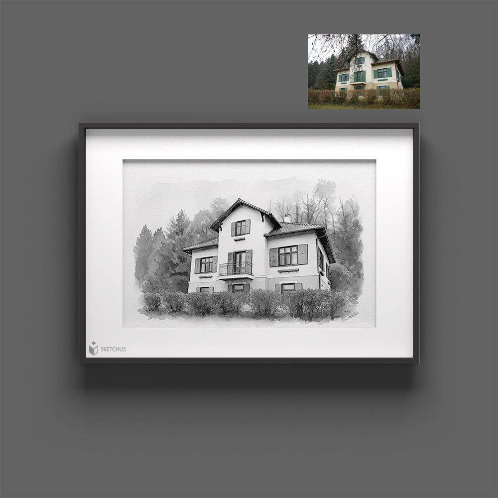 Haus malen lassen als handgezeichnetes Geschenk zum Einzug, Hausbau oder Richtfest