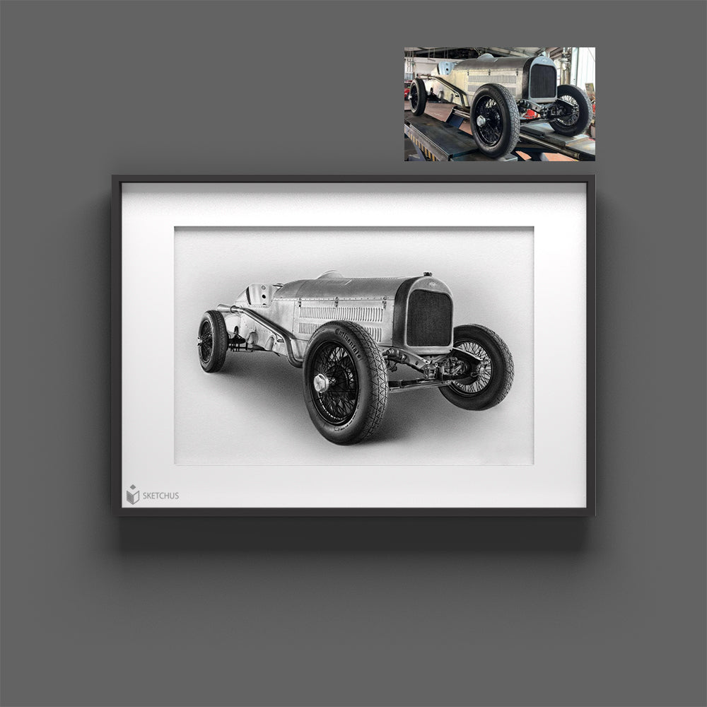 Oldtimer zeichnen lassen als klassisches Autoportrait in Bleistift