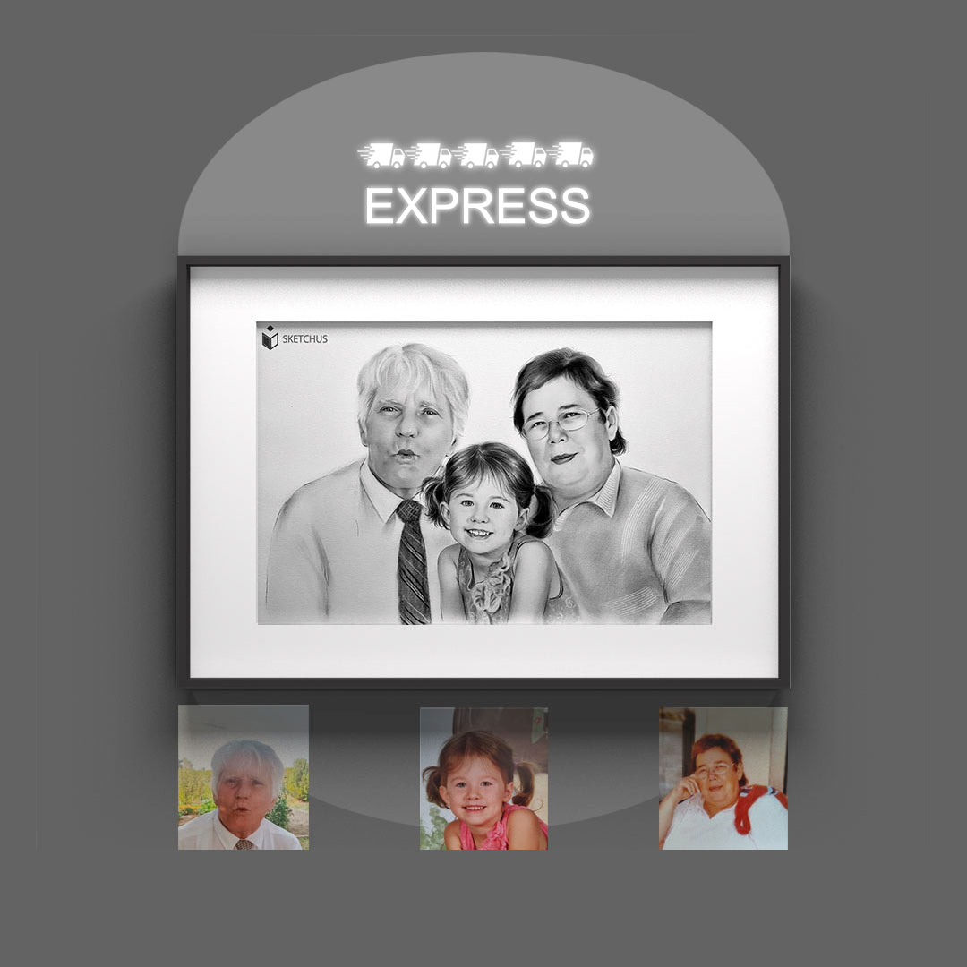 Family portrait of grandparents and a grandchild with three reference photos