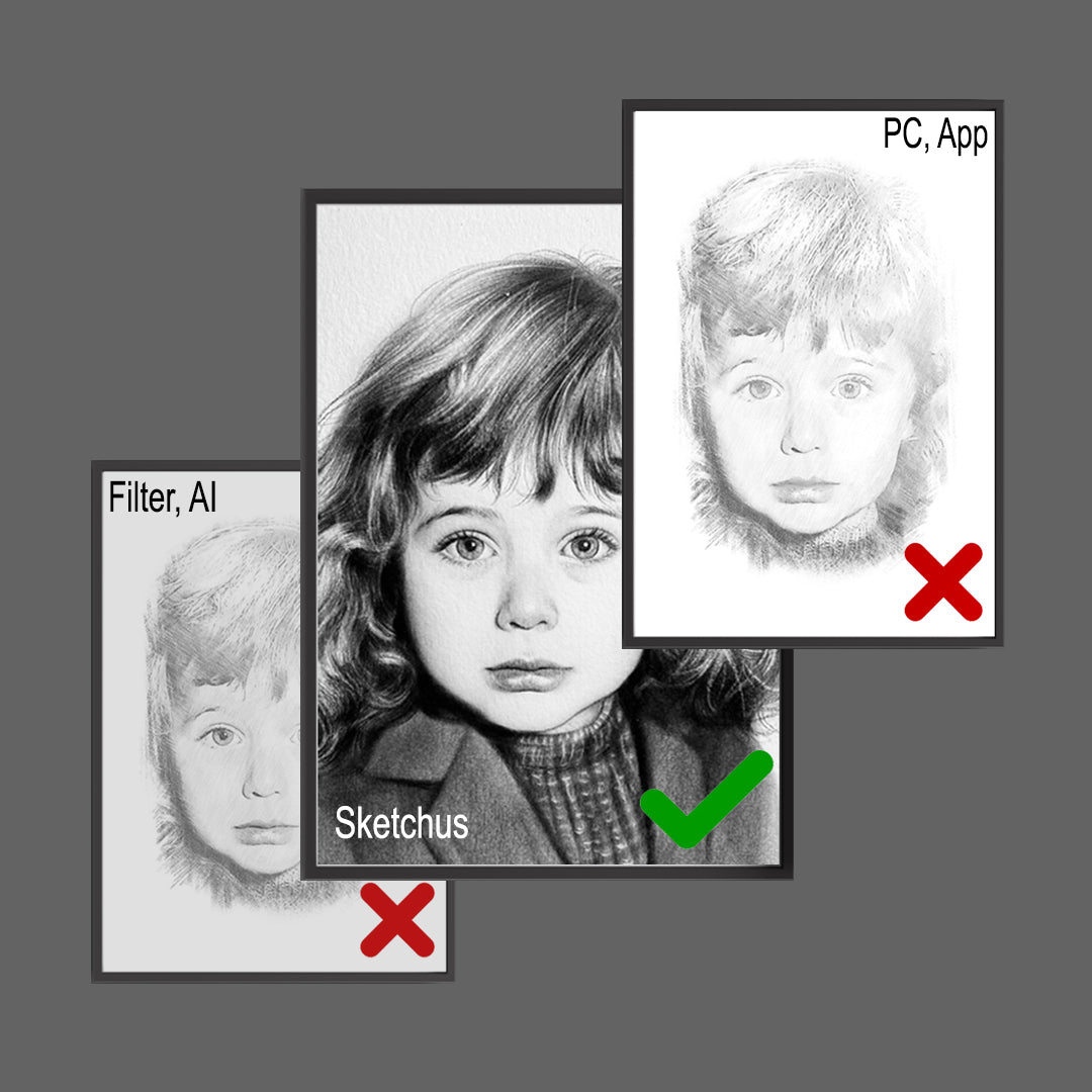Hand-drawn child portrait beside two digital image edits