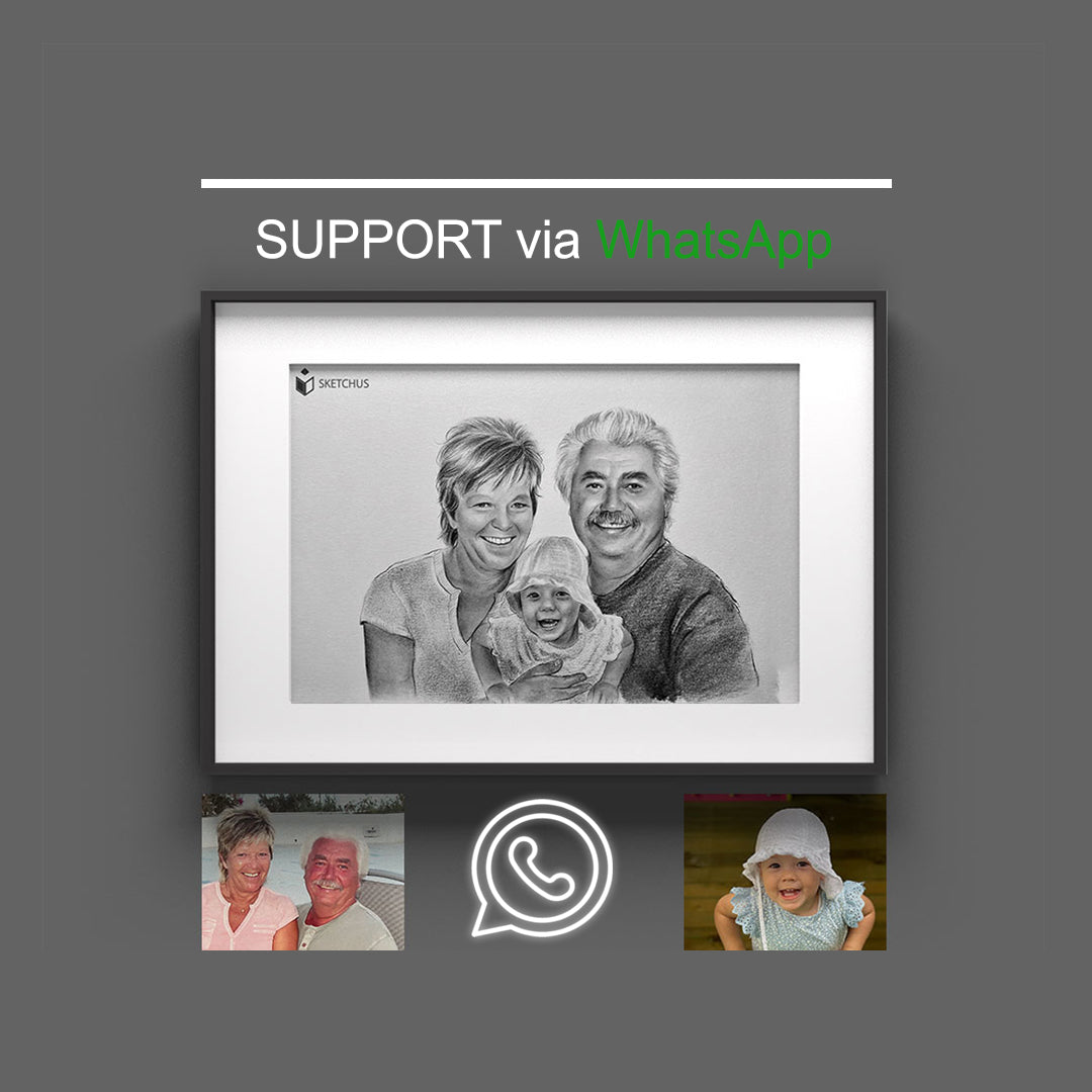 Family portrait of grandparents with a baby, reference photos and the WhatsApp symbol