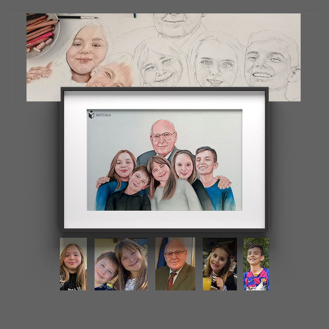 Colour family portrait with drawing stages and separate reference photos
