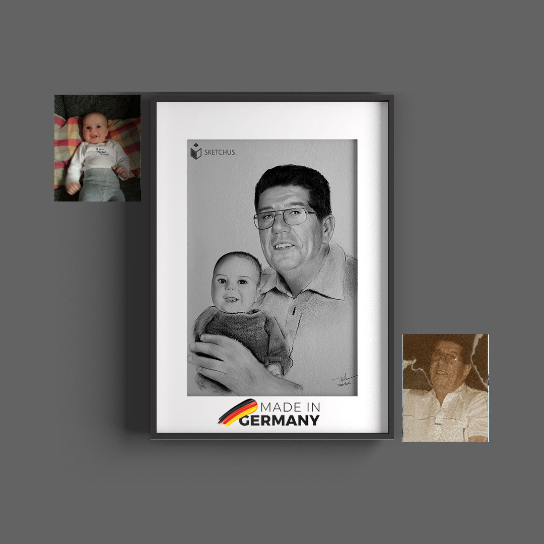 Portrait of a man holding a baby with the two reference photos