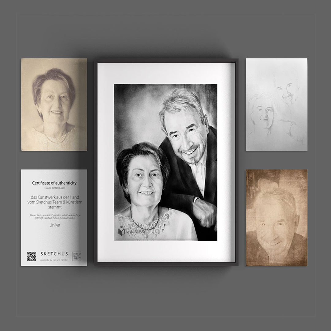 Pencil portrait of a couple with old photos, a sketch and a certificate of authenticity