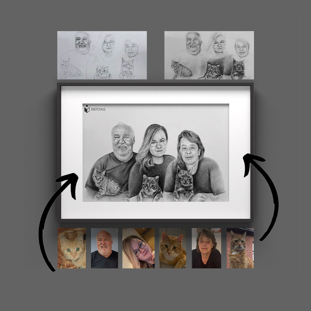 Portrait of three people and three cats, drawn from separate photos