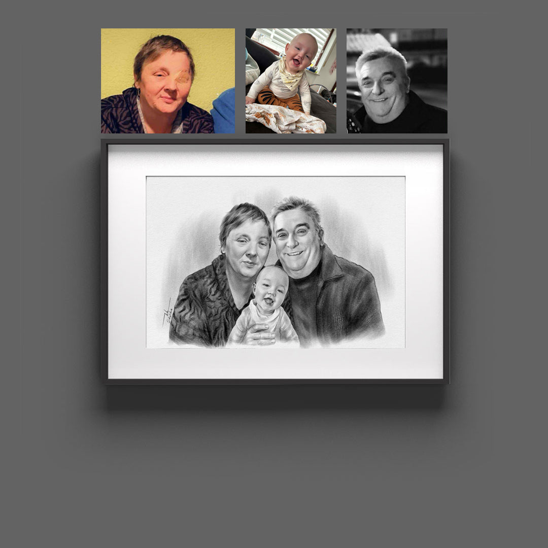 Pencil portrait of grandparents with a baby, drawn from three separate photos