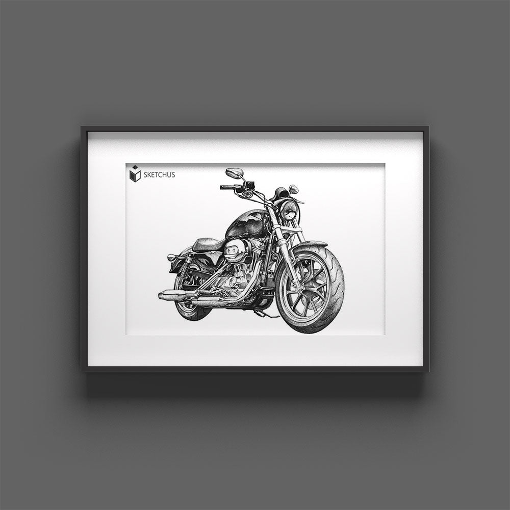 Motorradportrait von Hand gezeichnet, ohne KI-Filter und ohne digitale Vorlage