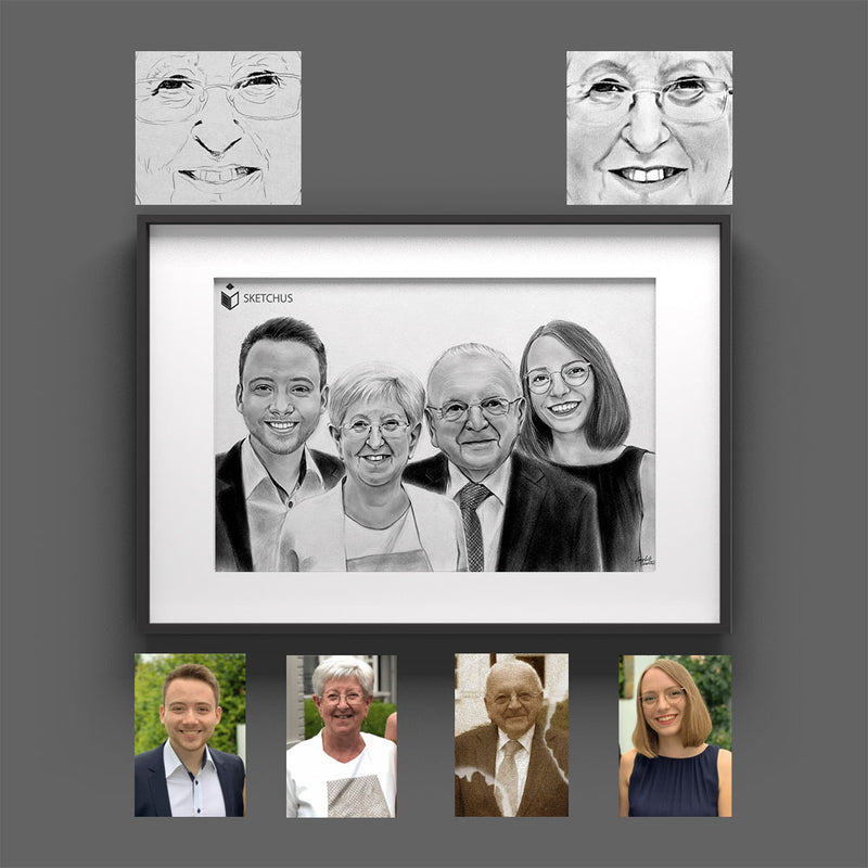 Familienportrait zeichnen lassen als Geschenk für Oma und Eltern